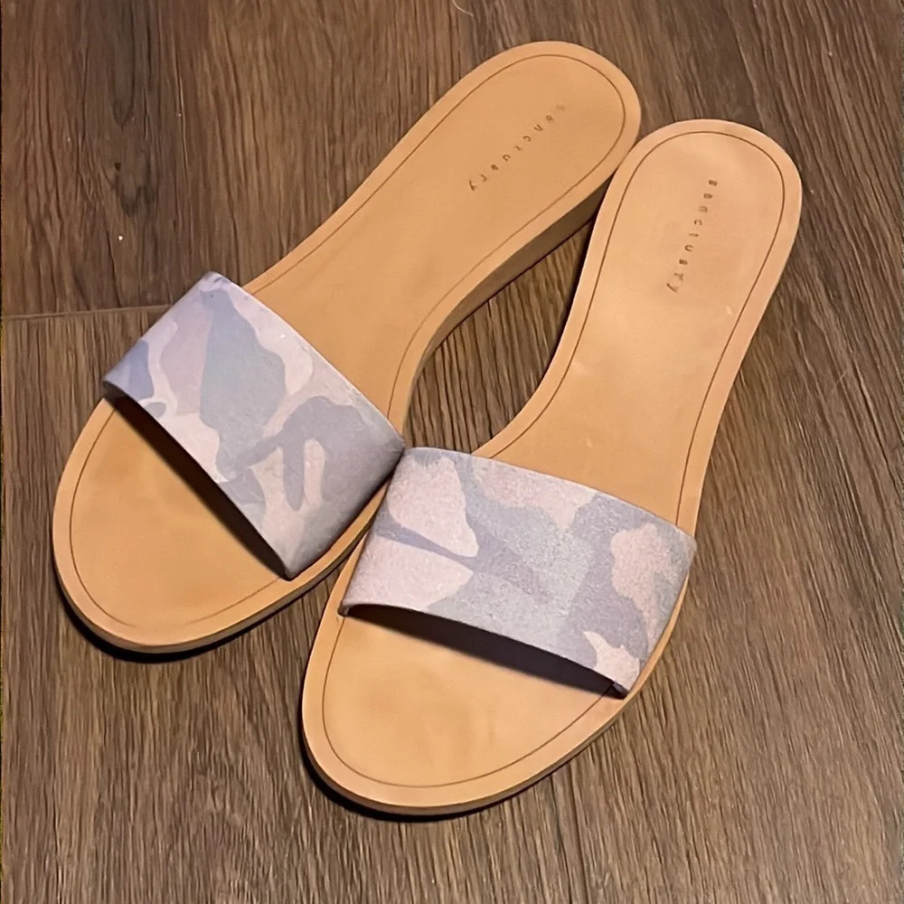 Sanctuary Tan Slide Sandals with Light Blue Camouflage Strap